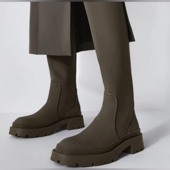 Zara Lug Sole Chunky Rubberized Platform Combat Rain Tall Boot Khaki Green 6 New - Picture 1 of 15